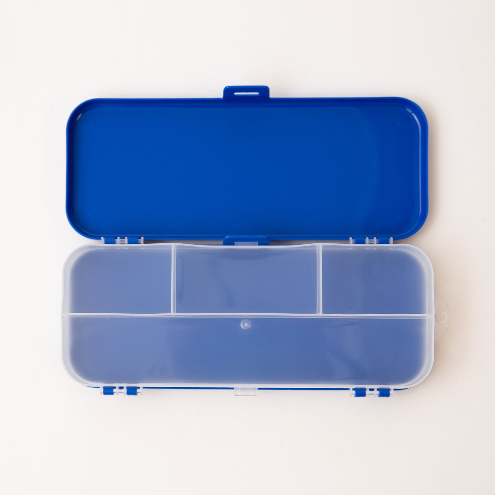 Blue and clear plastic tackle box on a white background