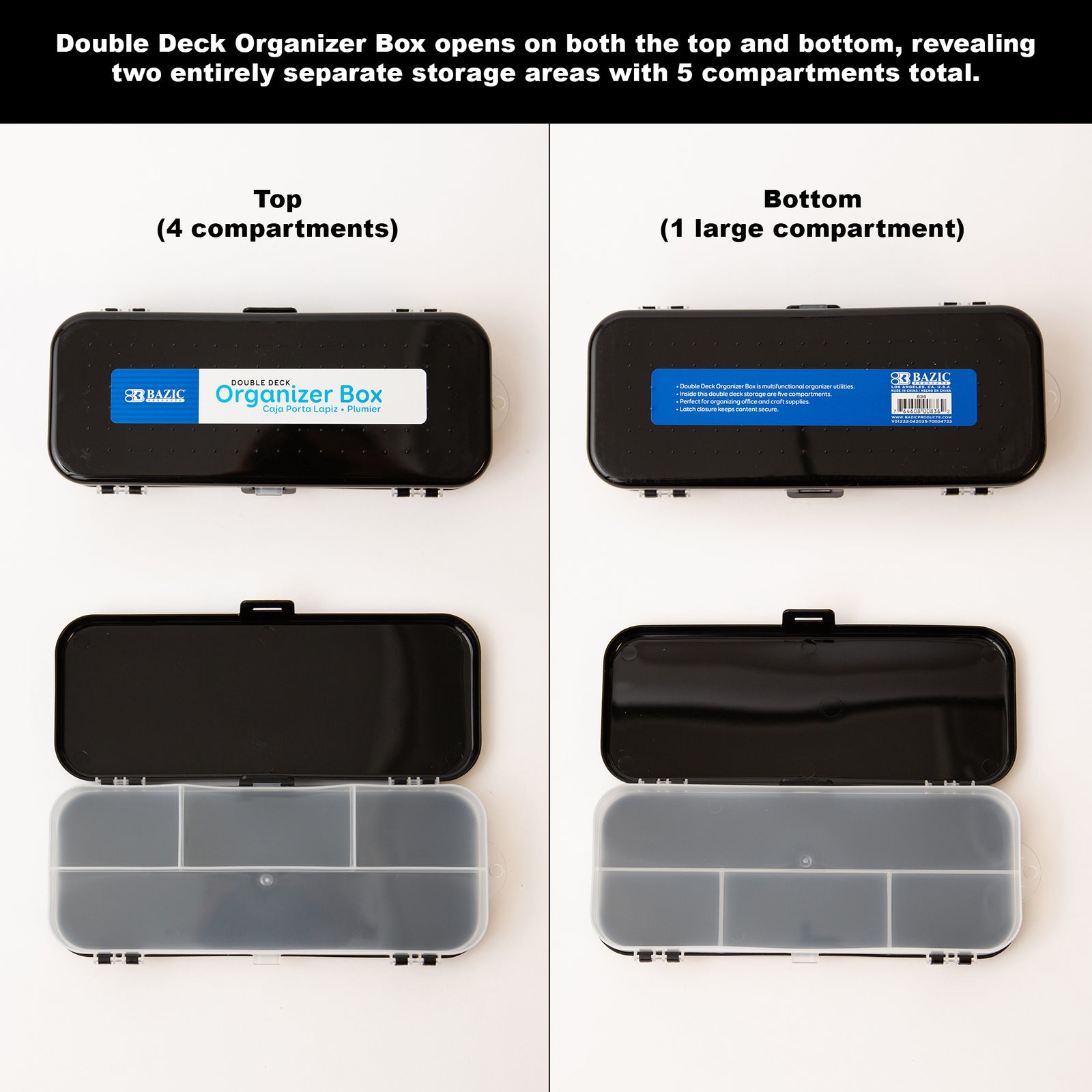 Double deck organizer box with top and bottom compartments on a white background