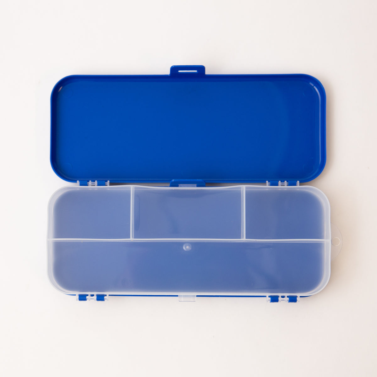 Blue and clear plastic tackle box on a white background
