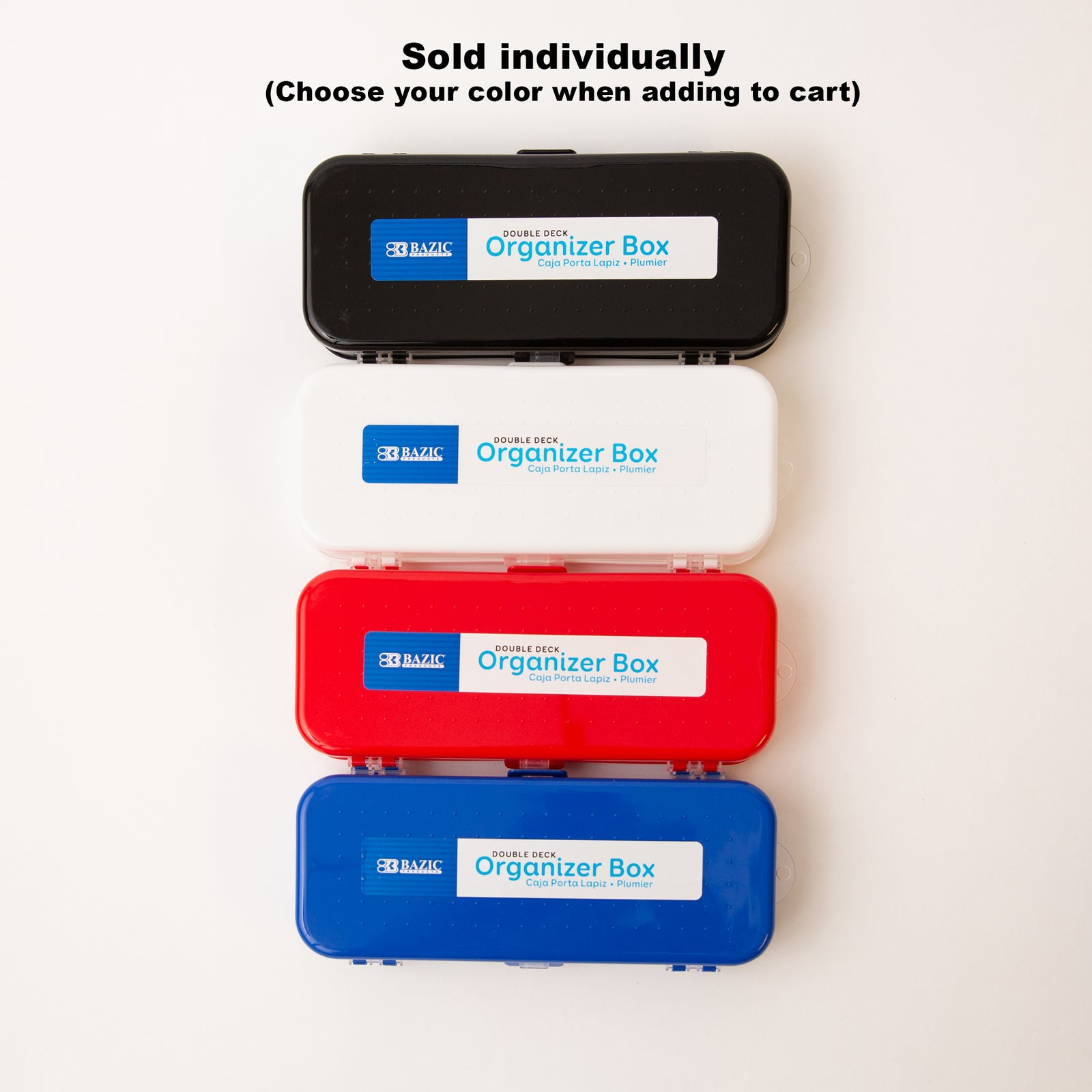 Four organizer boxes in black, white, red and blue on a white background with BAZIC branding.