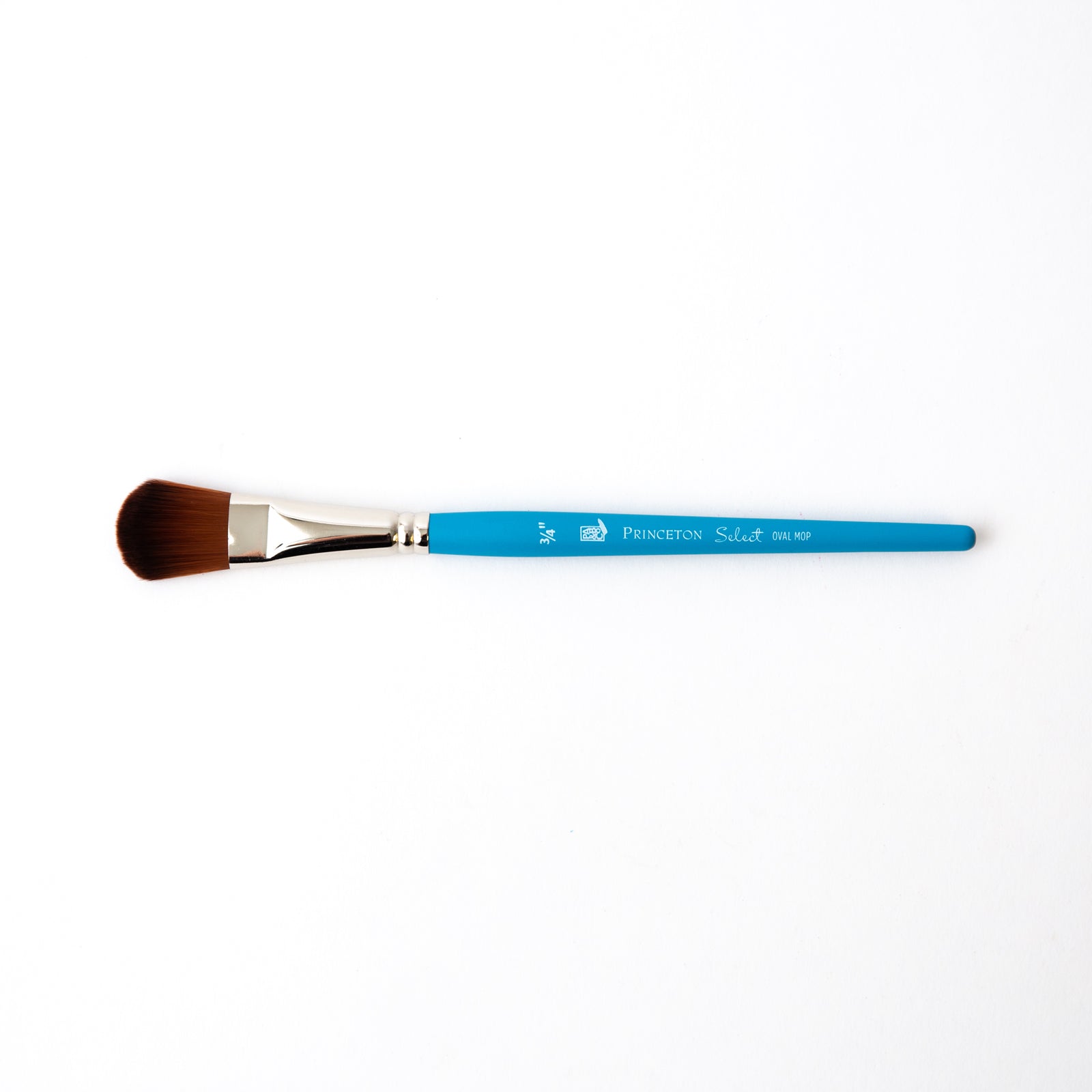 Paintbrush with blue handle and brown bristles on a white background