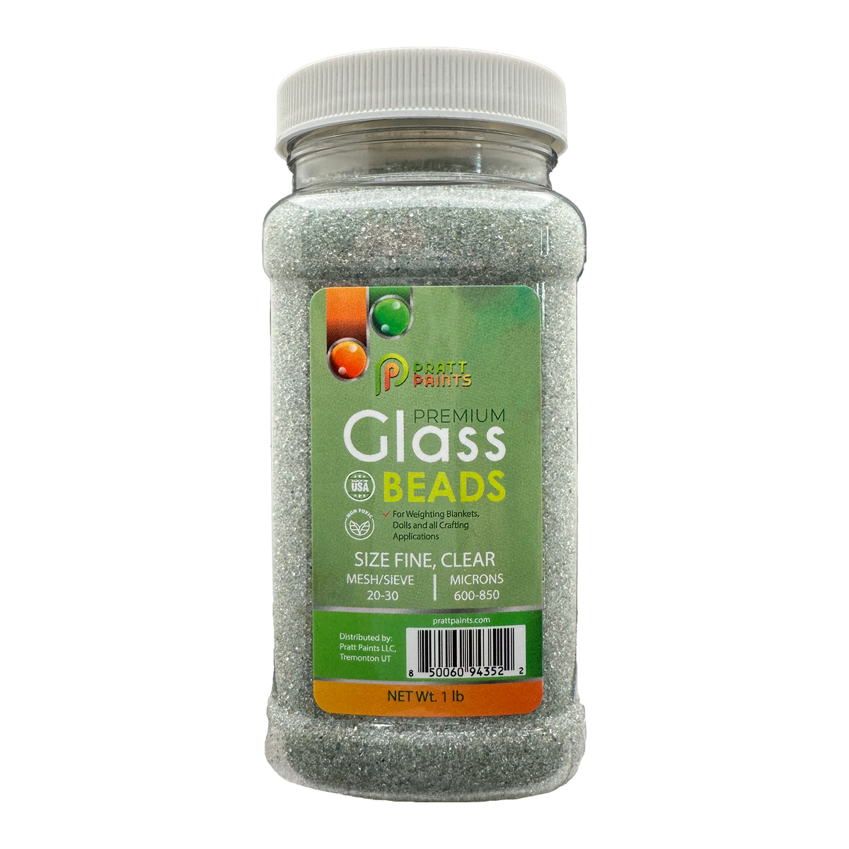1 pound Jar of premium glass beads with a green label on a white background
