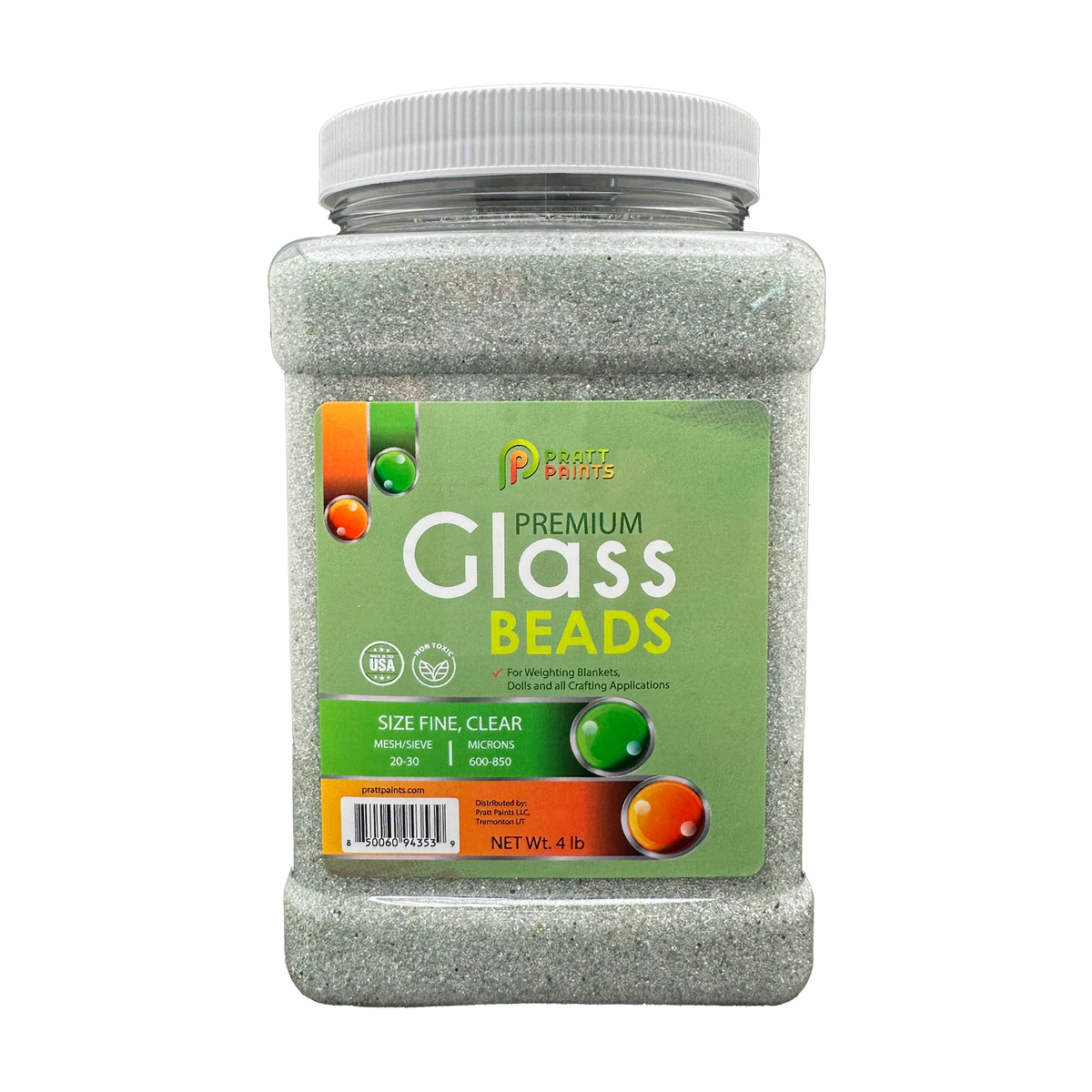 4 pound Jar of premium glass beads with a green label on a white background