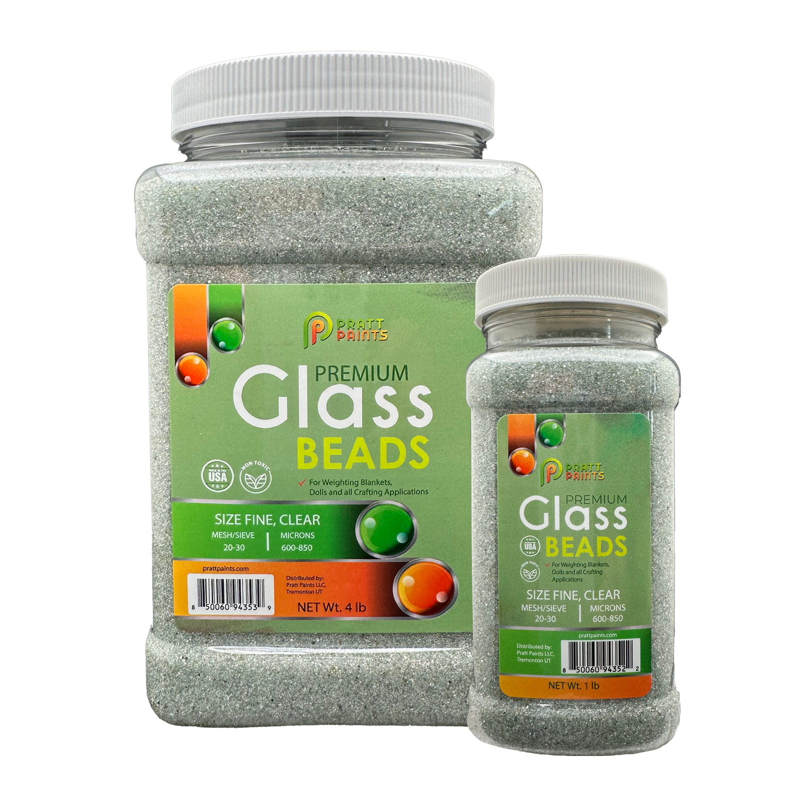 Two jars of Premium Glass Beads with labels on a white background