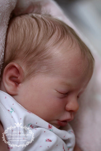 A close-up photograph of a sleeping newborn baby wrapped in a soft pink blanket, wearing a white baby swaddle with tiny pink floral prints. A watermark for 'Jackie's Little Honeybaby' is visible in the bottom-left corner.