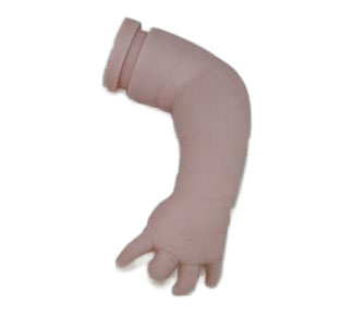realistic vinyl baby doll arm and hand on a white background