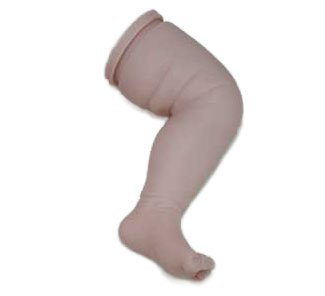 realistic vinyl baby doll leg and foot on a white background
