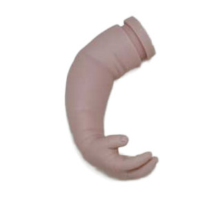 realistic vinyl baby doll arm and hand on a white background