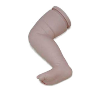 realistic vinyl baby doll leg and foot on a white background