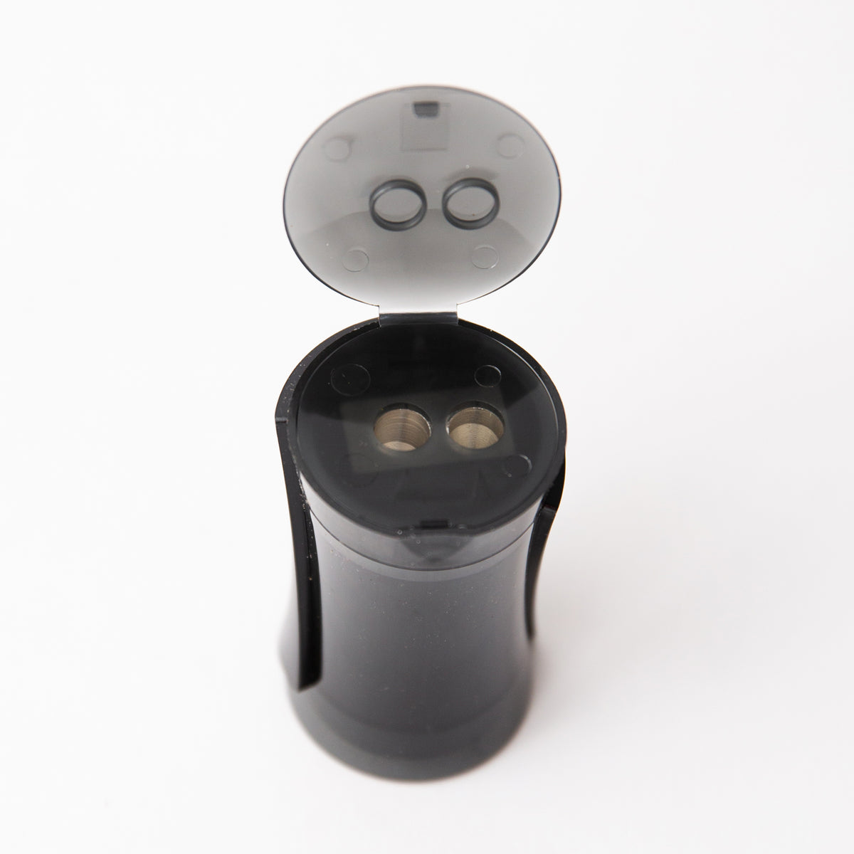 Black cylindrical container with a clear lid on a white background